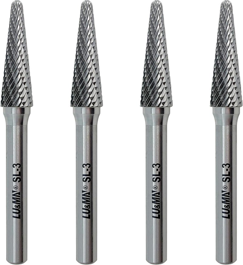 LU&MN SL-3 Double Cut Tungsten Carbide Burr Rotary File 4PCS – 3/8" Head 14° Taper Shape, 1/4" Diameter - for Deburring and Cast Iron,Stainless Steel and Other Materials – Industrial Grade - Image 1